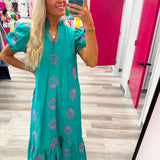 Pretty in Bloom Midi Dress Teal and Pink