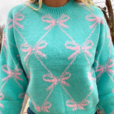 Bow Sweater Aqua and Pink