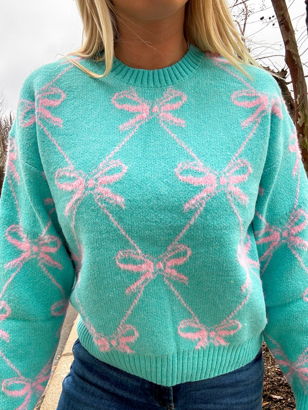 Bow Sweater Aqua and Pink