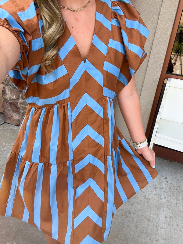 Caught In The Moment Stripe Dress- Brown and Blue