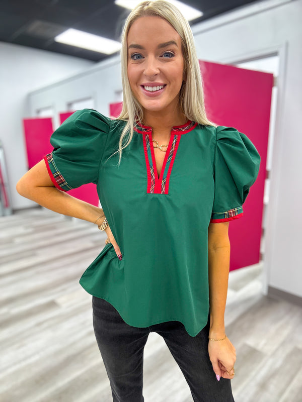 Season's Greetings Green Top with Red Christmas Plaid Trim