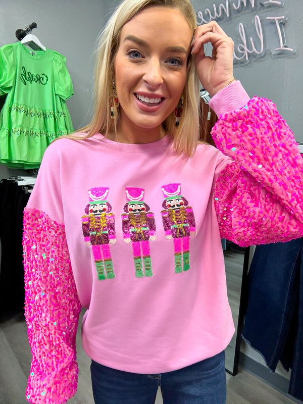 Christmas Nutcracker Sequin Sleeve Sweatshirt Pink