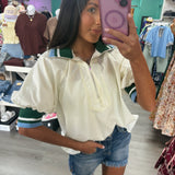 Found My Way Zip Collar Top  | Cream Green and Blue