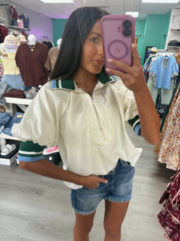 Found My Way Zip Collar Top  | Cream Green and Blue