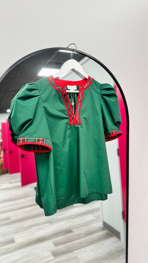Season's Greetings Green Top with Red Christmas Plaid Trim