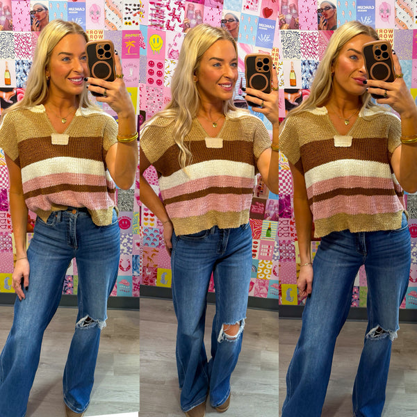 Mocha Autumn Hues Striped Cap Sleeve Sweater Top