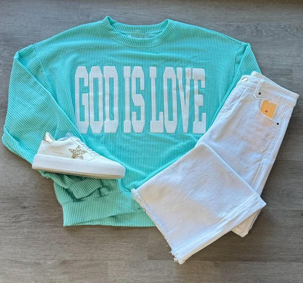 God = Love Ribbed Pullover Aqua