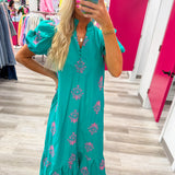 Pretty in Bloom Midi Dress Teal and Pink