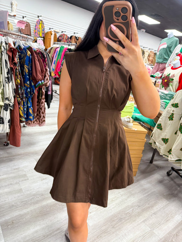 Zip Brown Pleated Mini Dress