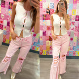 Cut Out Bow Sleeveless Top White Pink