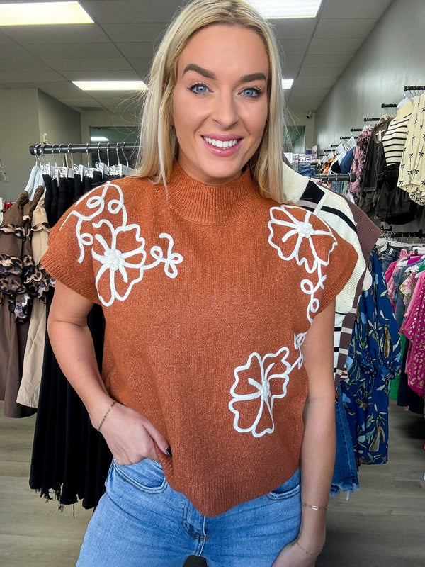 Ginger Flower Detail Short Sleeve Sweater