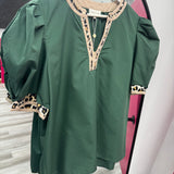 Hunter Green And Leopard Trim Top