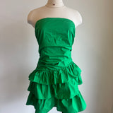 Green Strapless Ruched Tiered Ruffle Mini Dress
