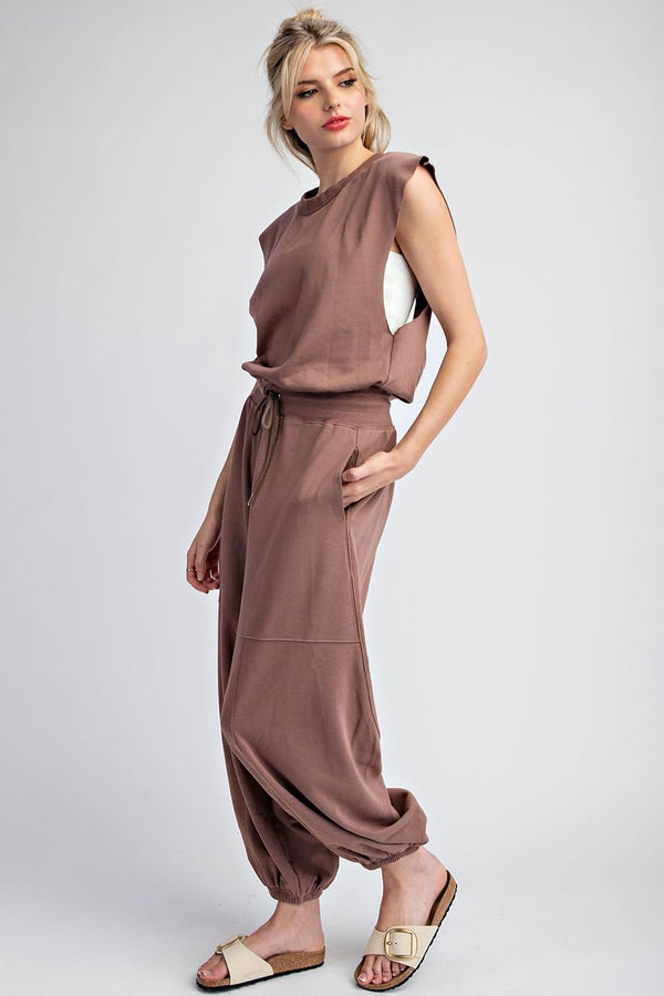 Chocolate Mineral Washed Open Back Jumpsuit