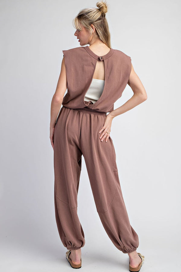 Chocolate Mineral Washed Open Back Jumpsuit