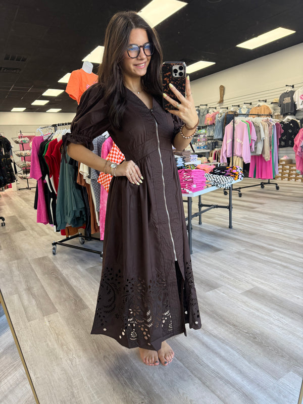 Nice to Meet You Chocolate Zip Midi Dress