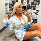 In My Dreams Satin Blue and White Bow Pajama Set