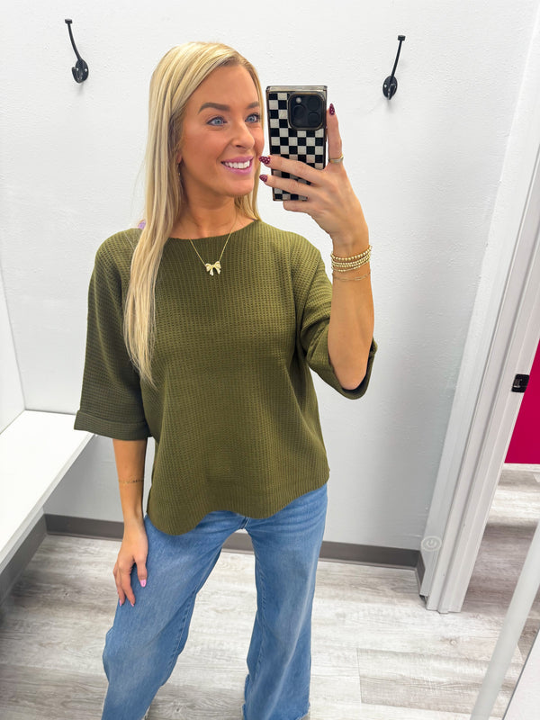 Green Knit Rolled Sleeve Sweater