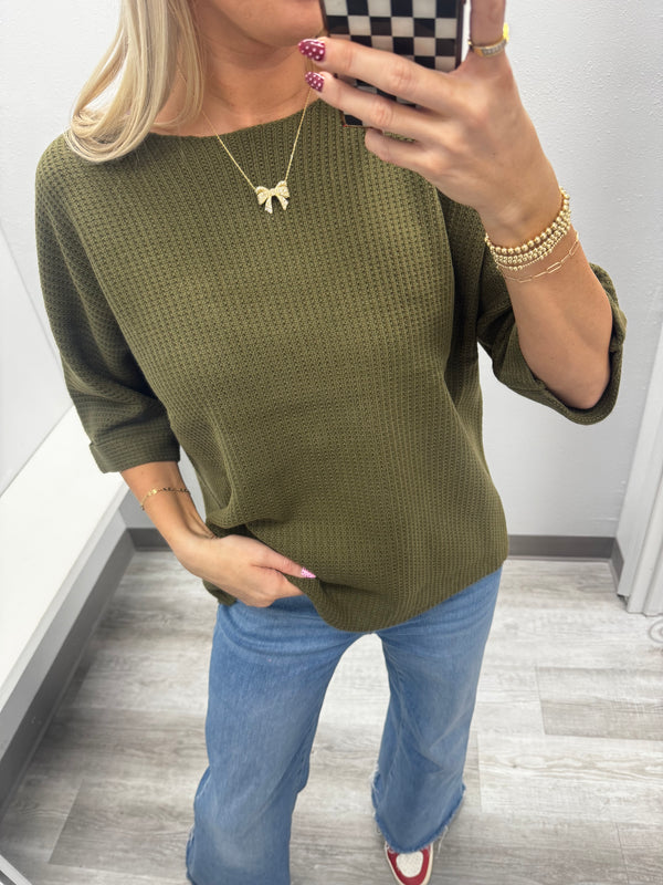 Green Knit Rolled Sleeve Sweater