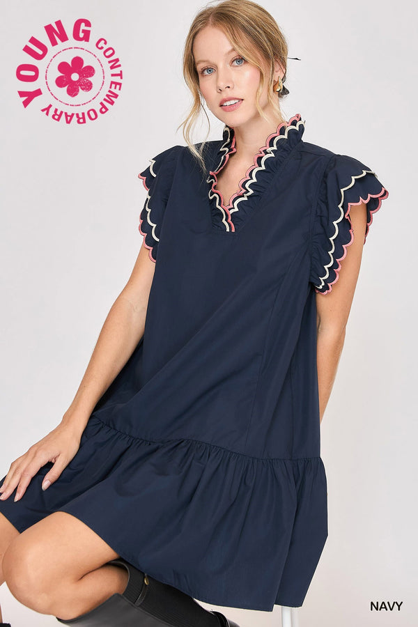 Navy Coral Scallop Trim Dress