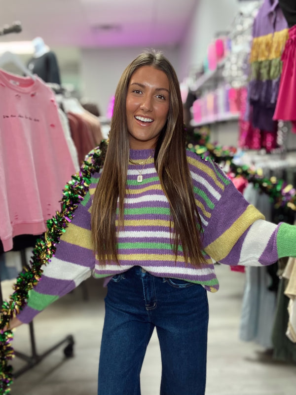 Here for the Beads Mardi Gras Striped Sweater Purple