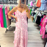 Pink Rose Bow Ruffle Maxi Dress
