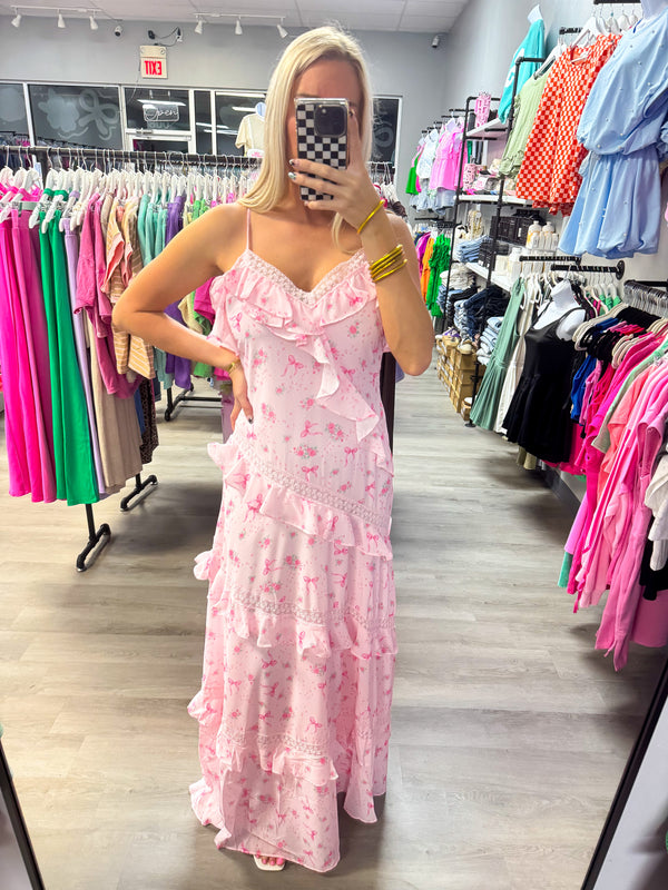 Pink Rose Bow Ruffle Maxi Dress