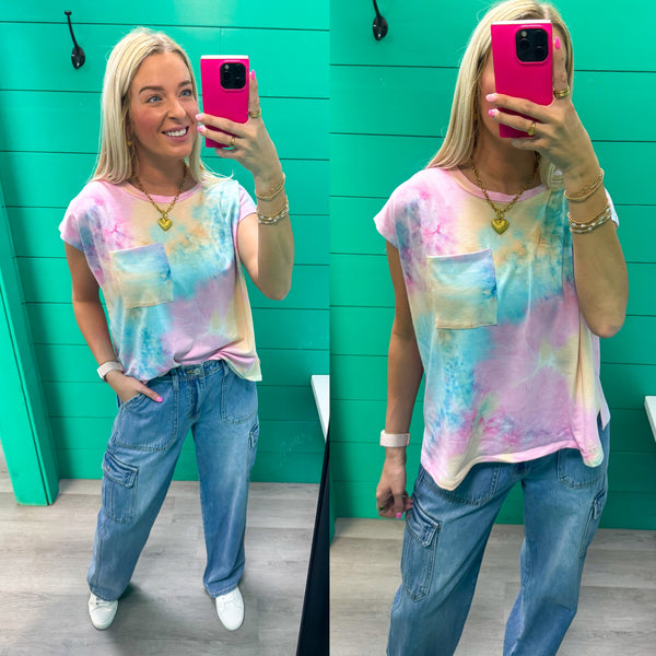 Stir Crazy Round Neck Sleeveless Pocket Side Slit Tie-Dye Top