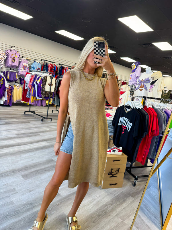 All My Attention Knit Sleeveless Slit Top Taupe