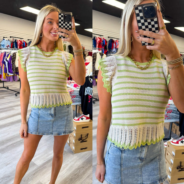 Lime Ruffle Detail Striped Knit Sweater Top