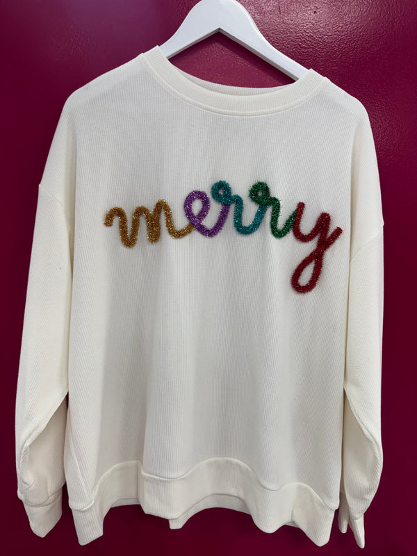 Merry Tinsel Lettering Two Tone Rib Pullover