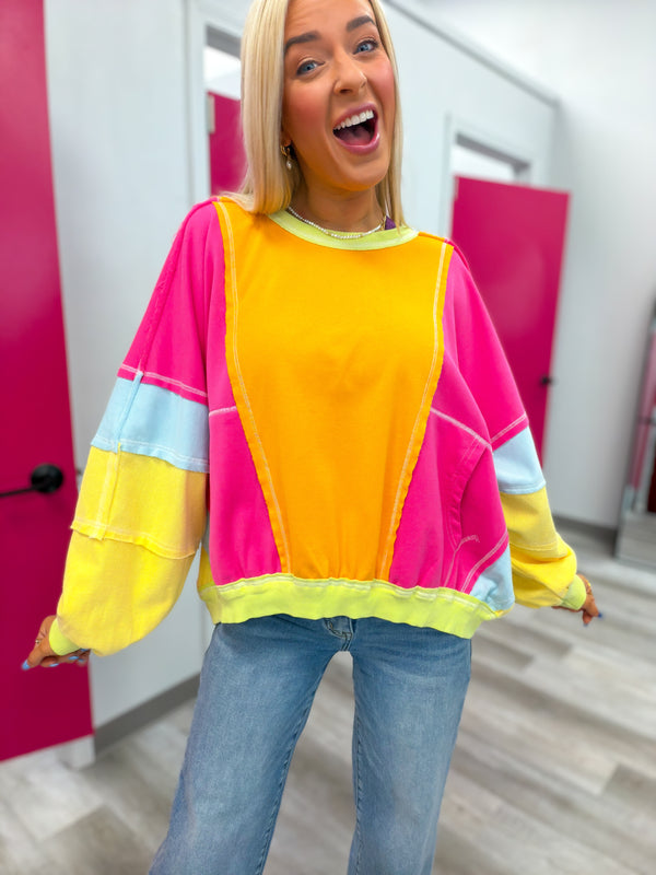 Catching Eyes Bright Colorful Pullover - Hot Pink Orange Lime