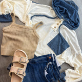 Navy Drawstring Color Contrast Ribbed Top