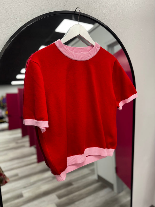 The Sweetheart Contrast Knit Red and Pink Trim Sweater