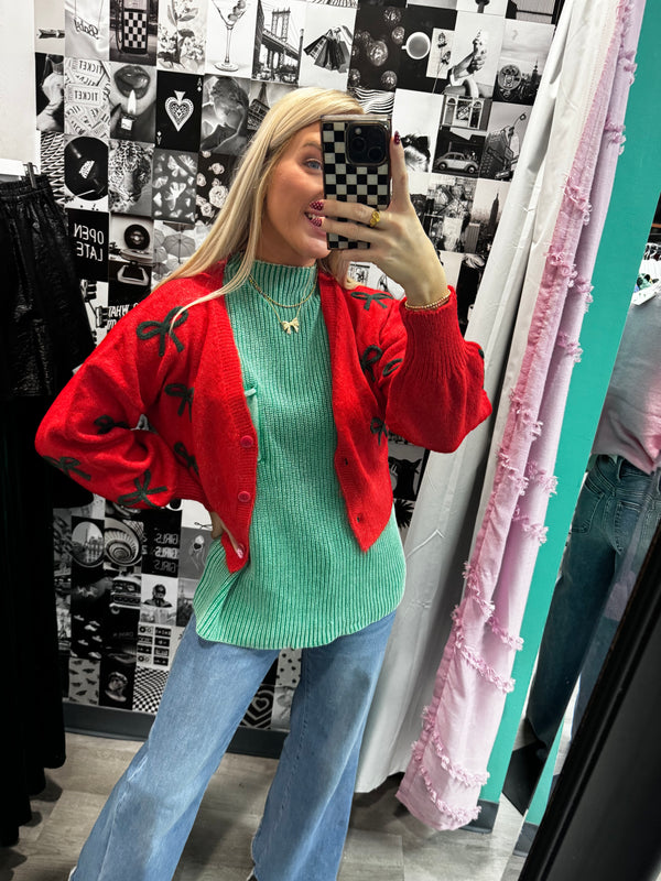 Red and Green Bow Cardigan