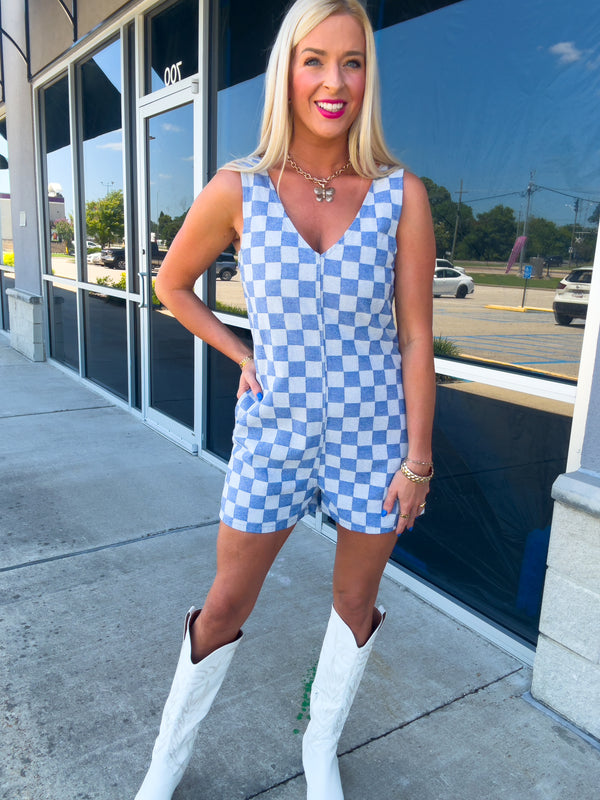 Check Me Out Blue Checkered Romper