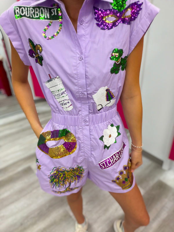 Purple Parade Mardi Gras Sequin Romper