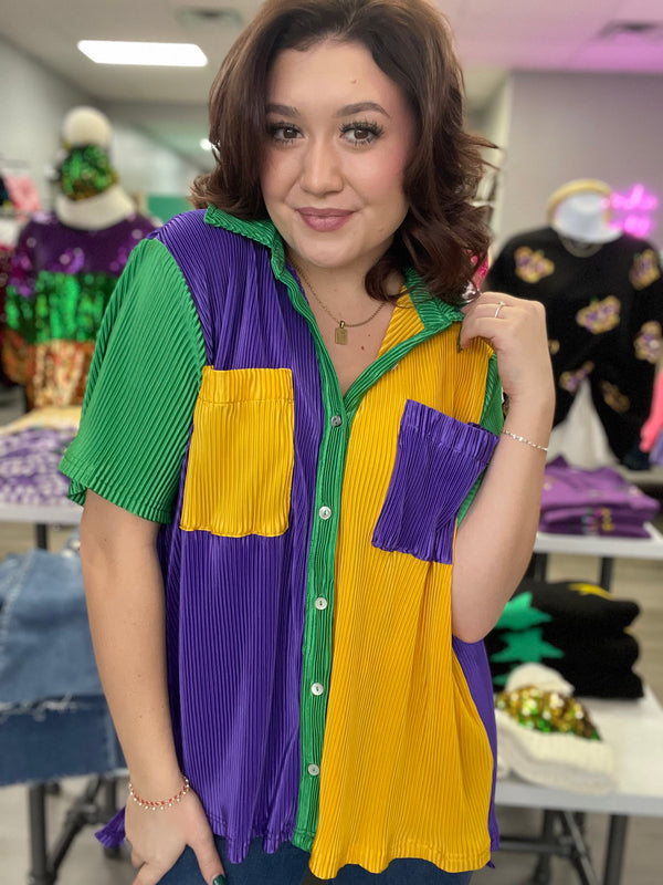 Louisiana Gal - Color Block Pleated Mardi Gras Top