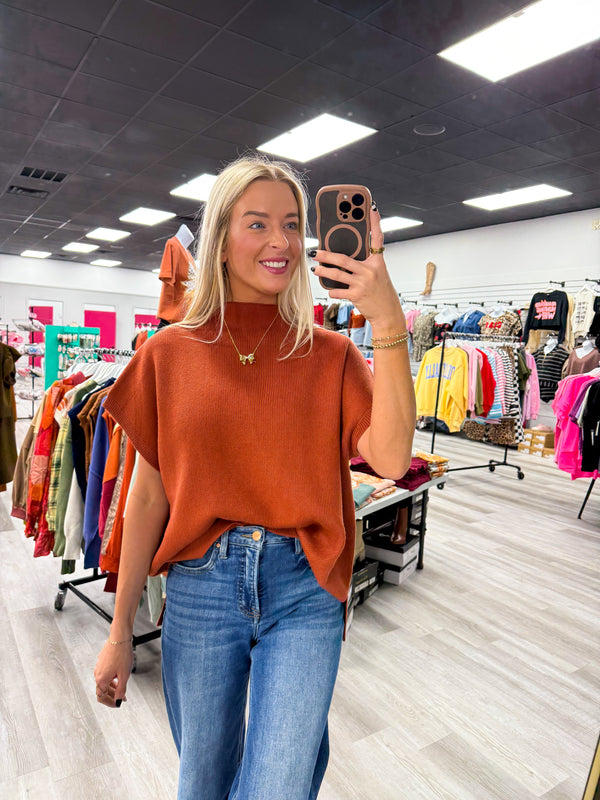 Ribbed Knit Short Dolman Sleeves Top Rust