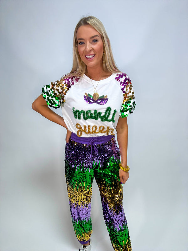 Throw Me Something Mrs. Tinsel Mardi Gras Pullover with Sequins