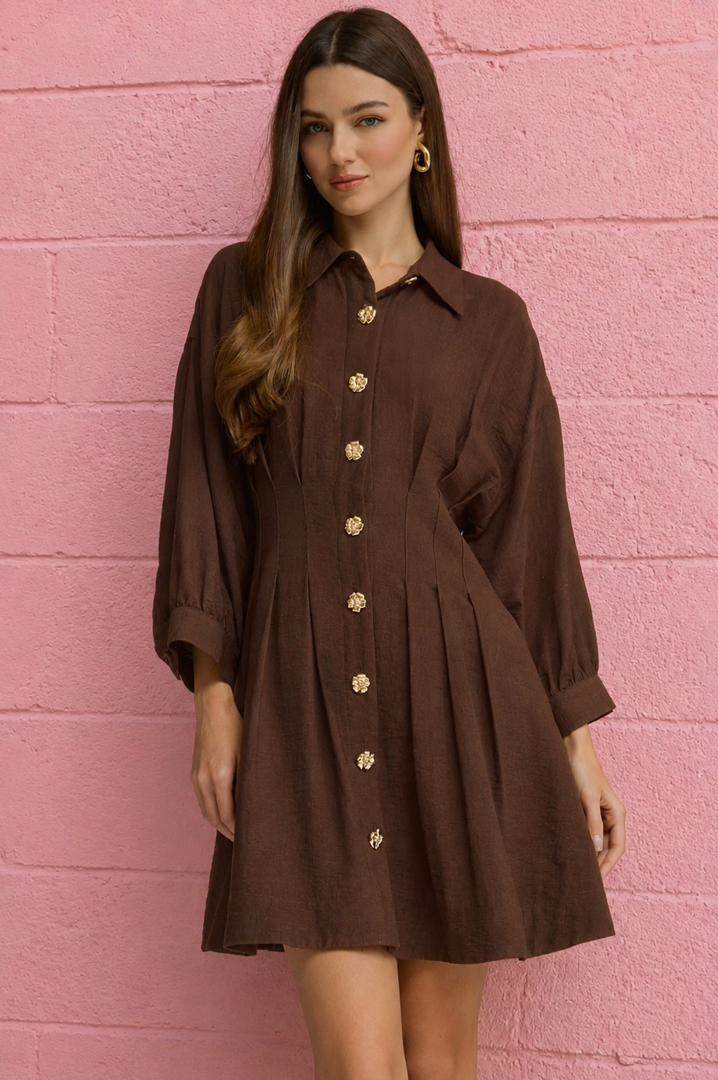 Pleated Dress with Gold Buttons