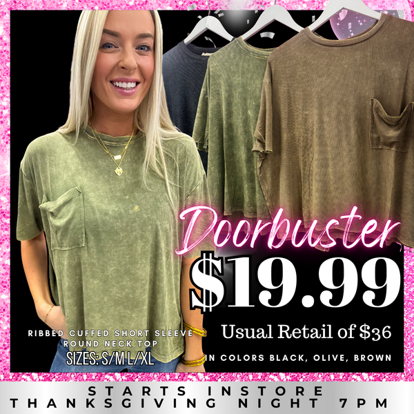 BLACK FRIDAY | Washed Ribbed Cuffed Short Sleeve Round Neck Top