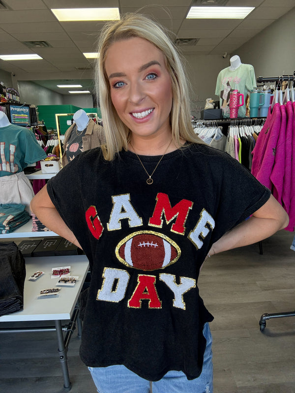 Game Day Patch Letter Top - Red and Black