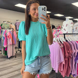 Ribbed Bubble Sleeve Top Turquoise