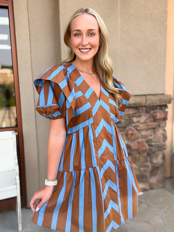 Caught In The Moment Stripe Dress- Brown and Blue