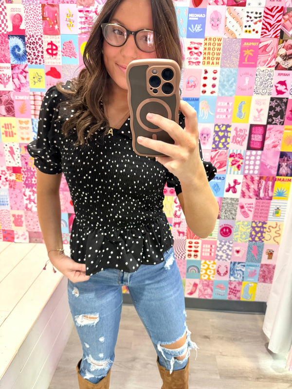 Black and White Polka Dot Collar Top