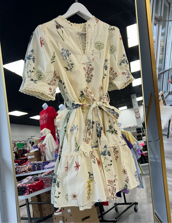 Cream V Neck Floral Dress