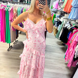 Pink Rose Bow Ruffle Maxi Dress
