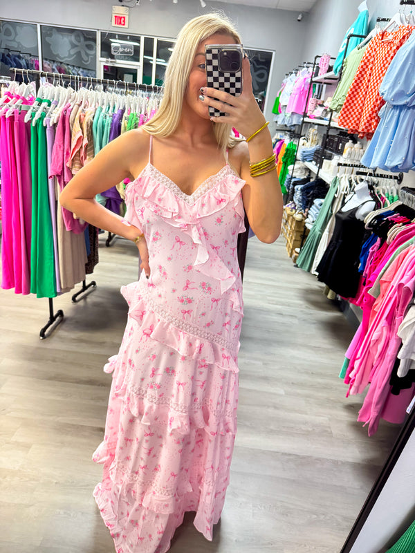 Pink Rose Bow Ruffle Maxi Dress