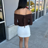 Time for Me To Go Off Shoulder Bow Back Ribbed Sweater